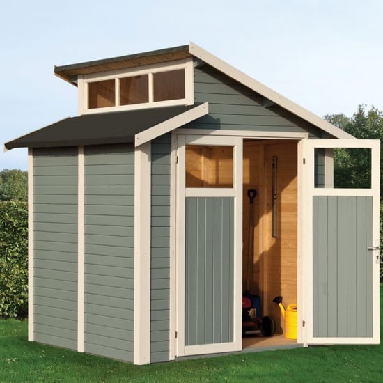 Read more about Saham wooden 7x7 shed in painted light grey