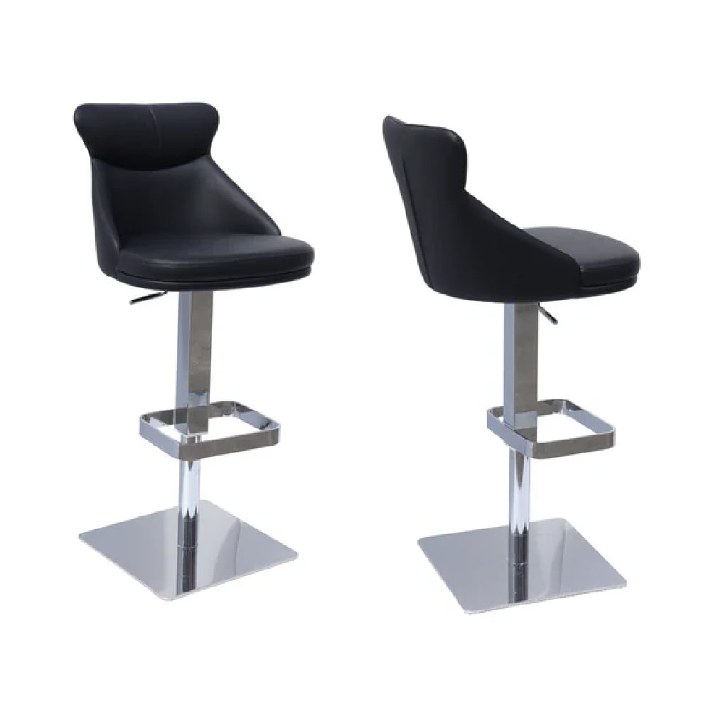 Read more about Saida black leather bar stools with chrome base in pair