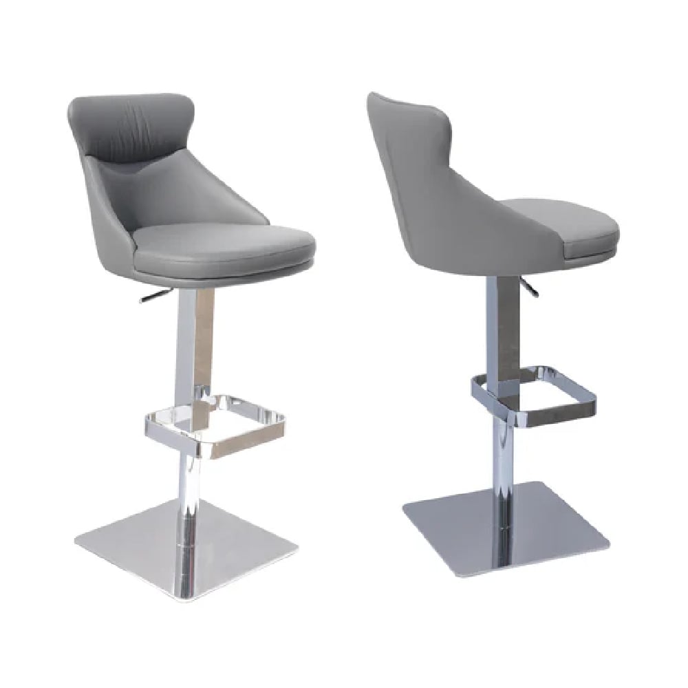 Read more about Saida grey leather bar stools with chrome base in pair