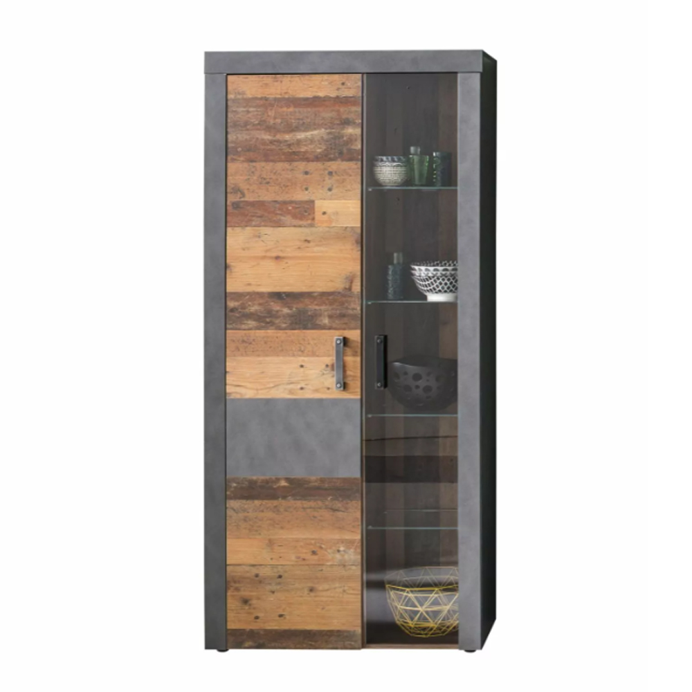 Saige Old Wood Display Cabinet in Graphite and Grey With LED