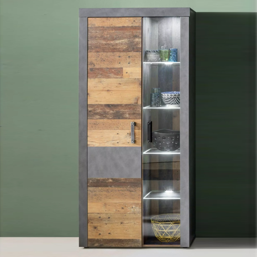 Saige Old Wood Display Cabinet in Graphite and Grey With LED