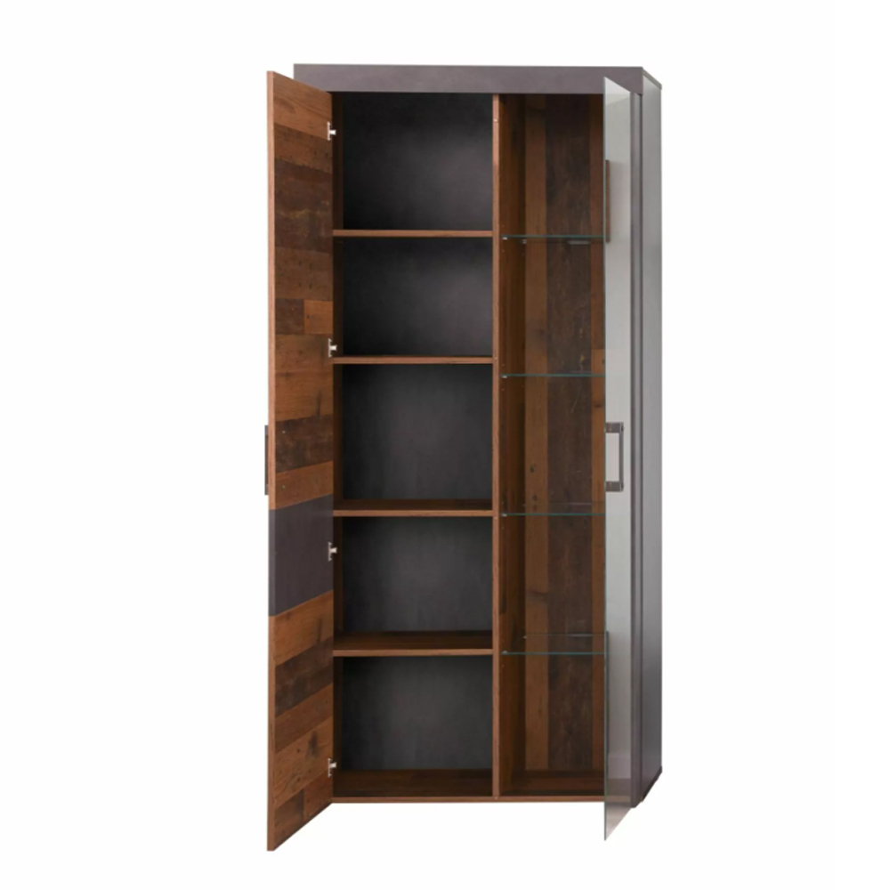 Saige Old Wood Display Cabinet in Graphite and Grey With LED