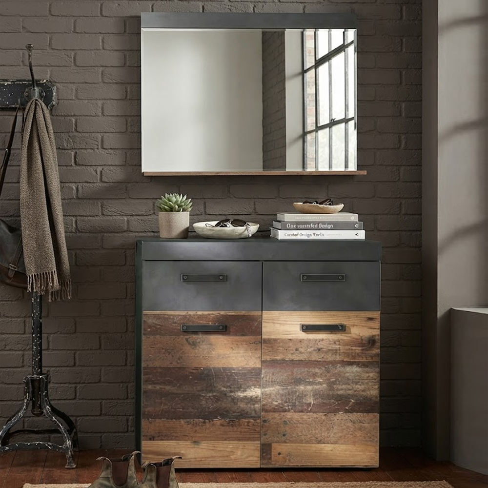 Saige Old Wood Hallway Bench with Wall Mirror In Graphite and Grey