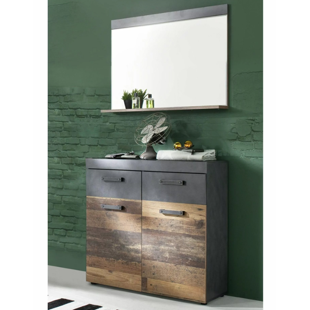 Saige Old Wood Hallway Bench with Wall Mirror In Graphite and Grey