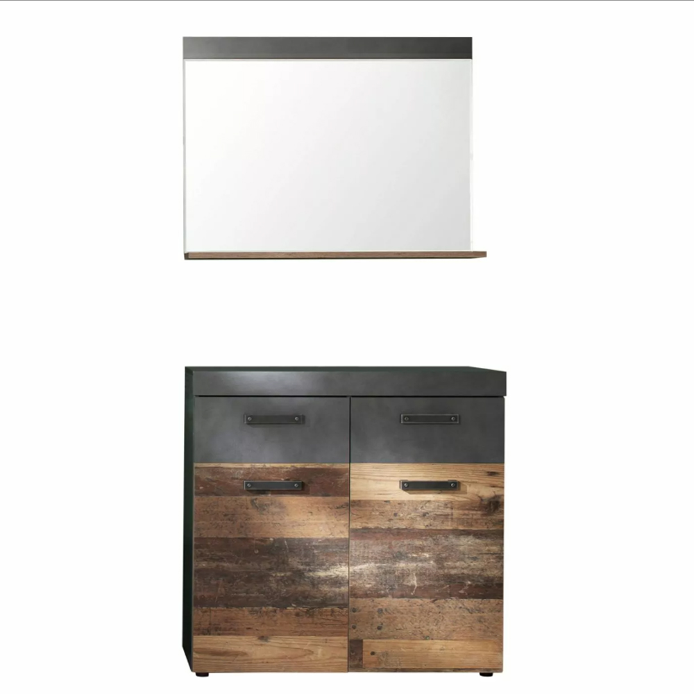 Saige Old Wood Hallway Bench with Wall Mirror In Graphite and Grey