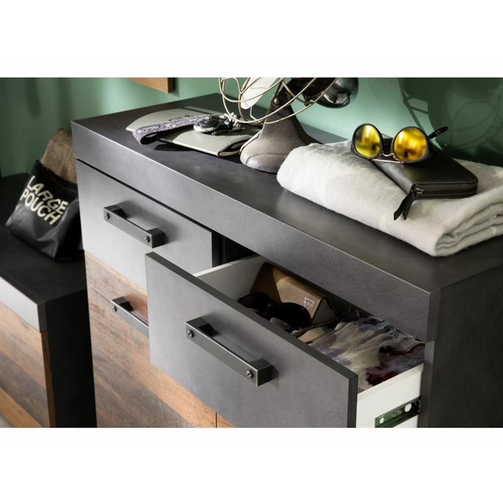 Saige Old Wood Hallway Bench with Wall Mirror In Graphite and Grey