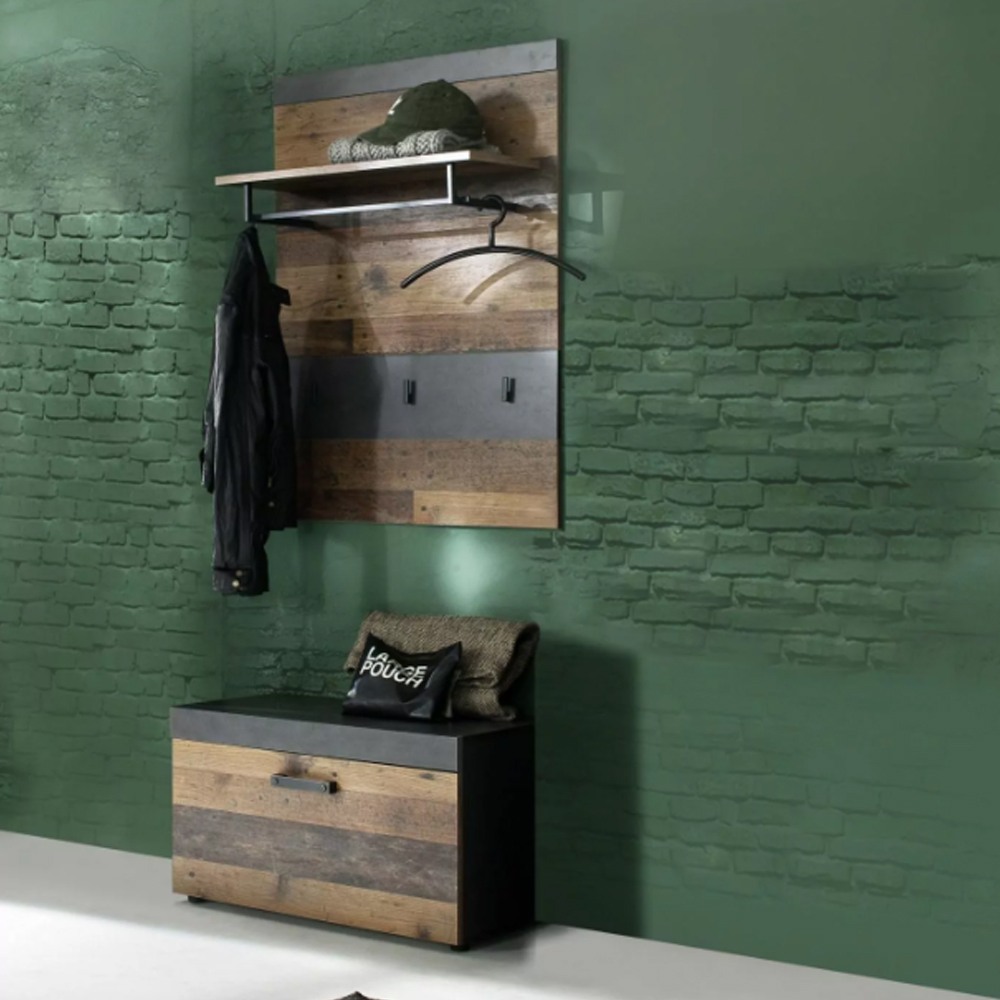 Saige Old Wood Hallway Bench with Wall Rack In Graphite and Grey