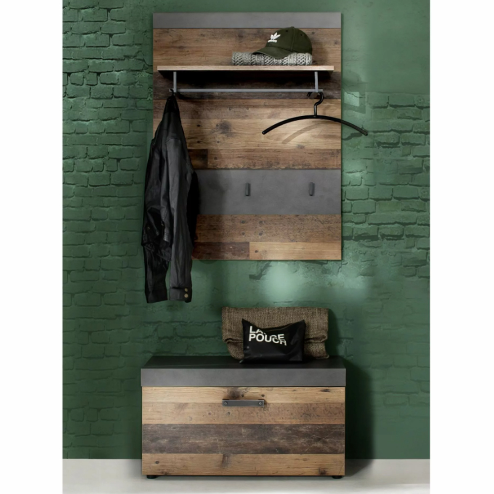 Saige Old Wood Hallway Bench with Wall Rack In Graphite and Grey