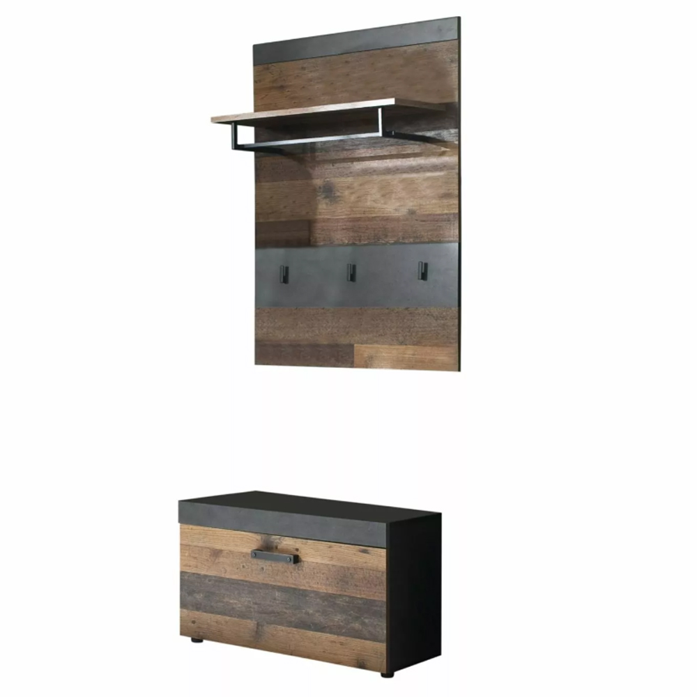 Saige Old Wood Hallway Bench with Wall Rack In Graphite and Grey
