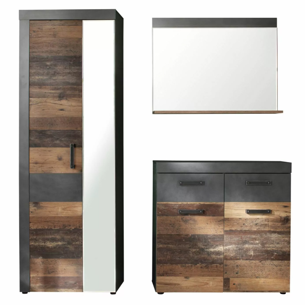 Saige Old Wood Hallway Furniture Set with Mirror in Graphite and Grey