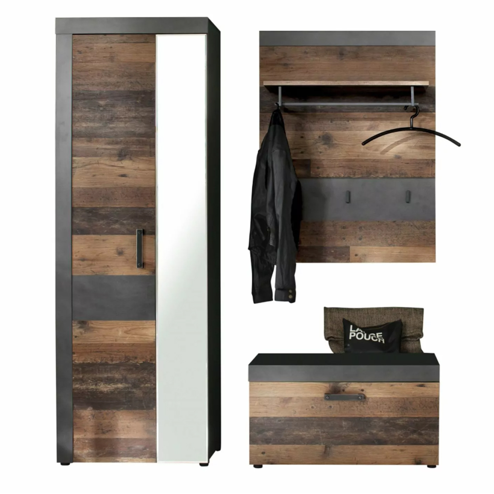 Saige Old Wood Hallway Furniture Set with Wall Rack in Graphite and Grey