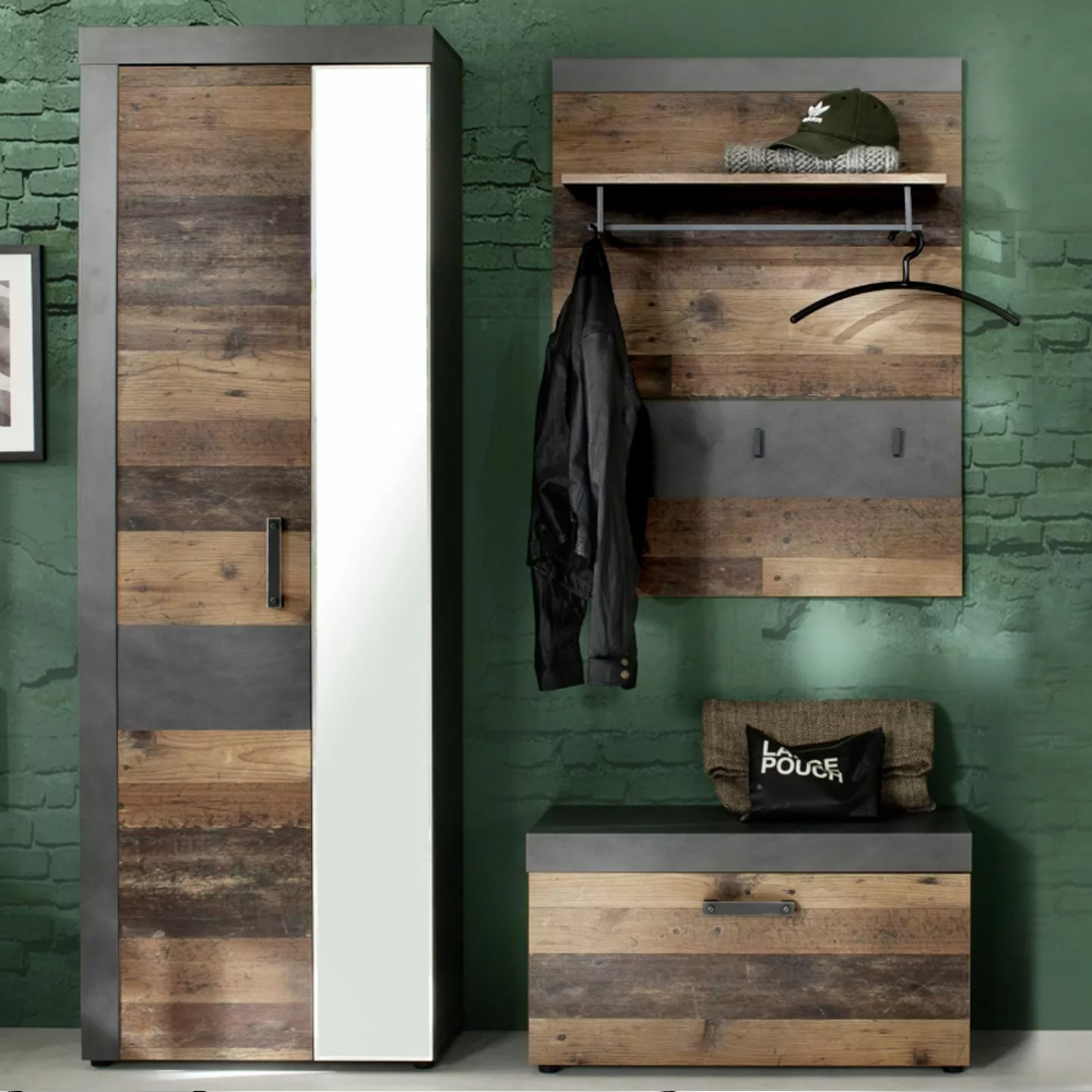 Saige Old Wood Hallway Furniture Set with Wall Rack in Graphite and Grey