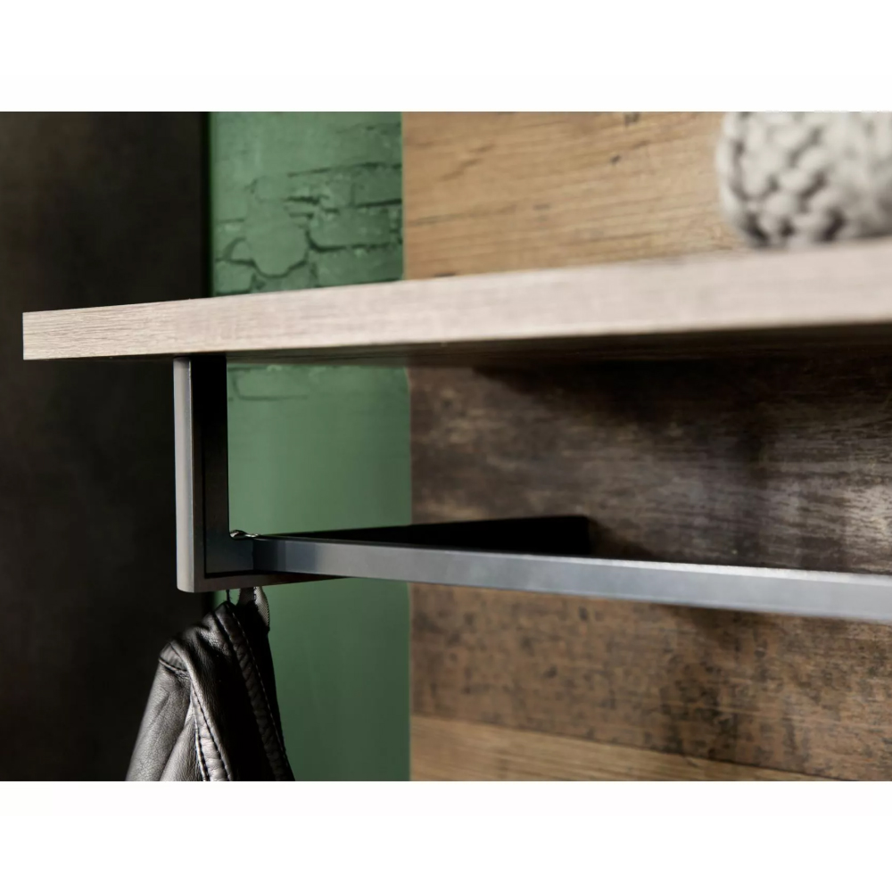 Saige Old Wood Hallway Furniture Set with Wall Rack in Graphite and Grey