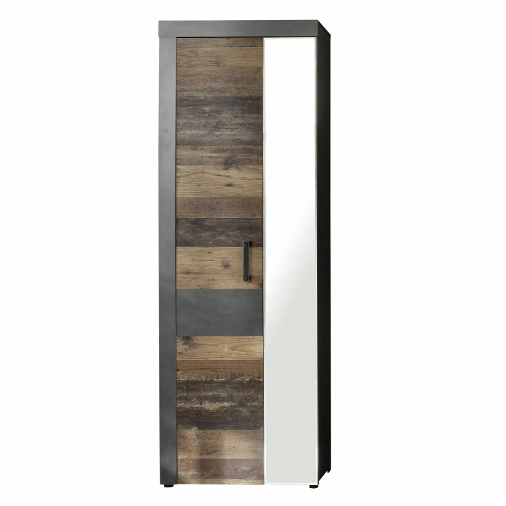 Saige Old Wood Hallway Mirrored Wardrobe In Graphite and Grey