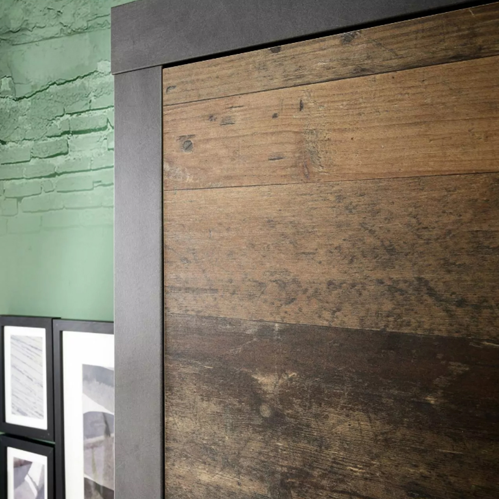 Saige Old Wood Hallway Mirrored Wardrobe In Graphite and Grey