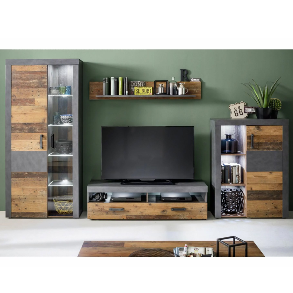 Saige Old Wood Living Room Set In Graphite and Grey with LED
