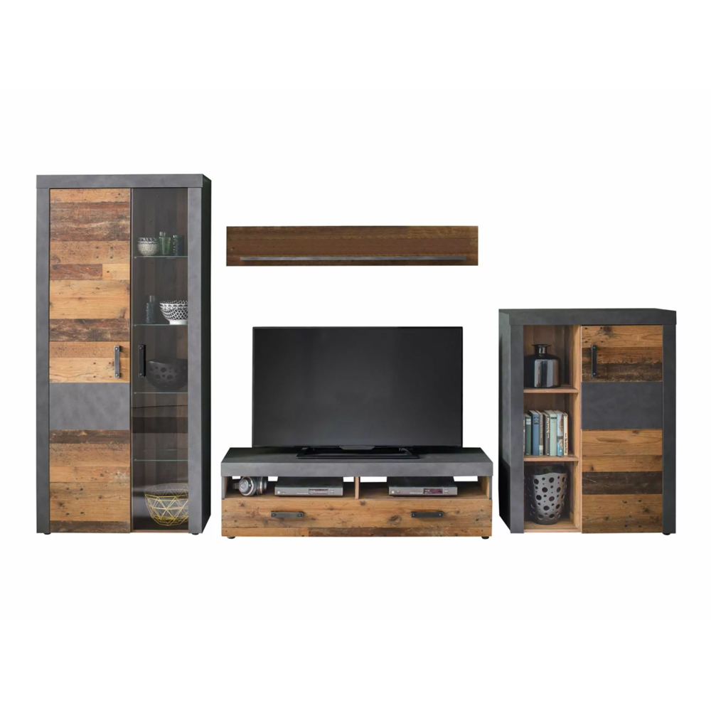 Saige Old Wood Living Room Set In Graphite and Grey with LED