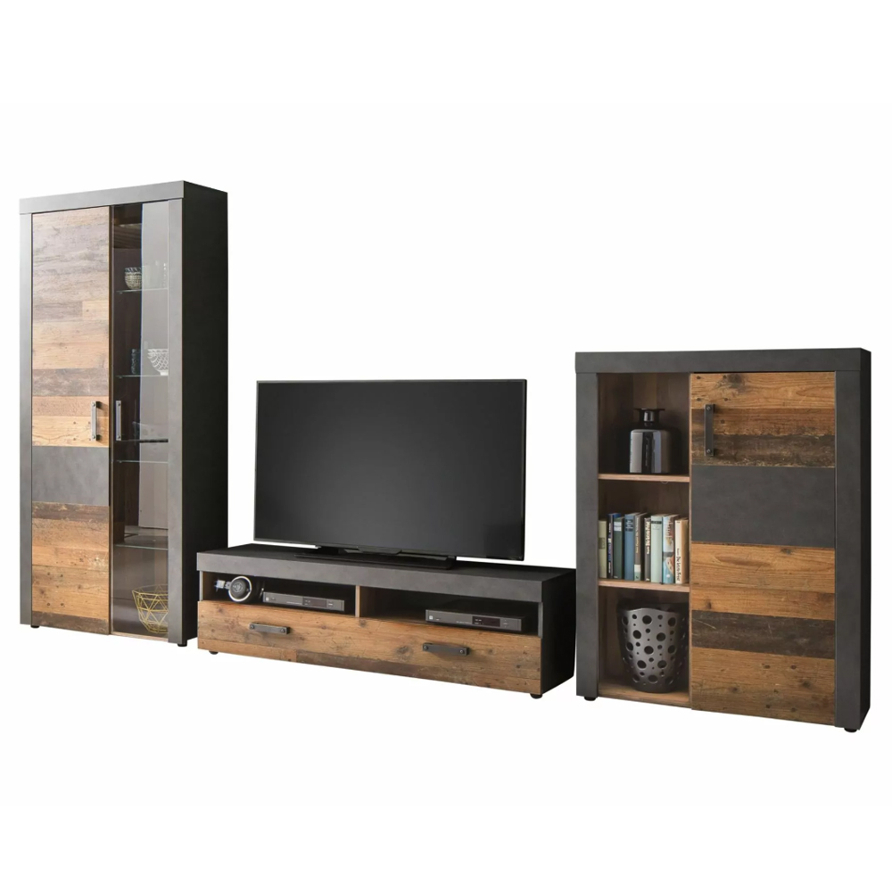 Saige Old Wood Living Room Set In Graphite and Grey with LED
