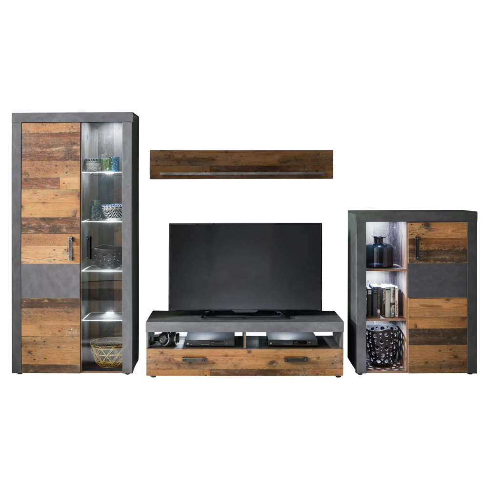 Saige Old Wood Living Room Set In Graphite and Grey with LED