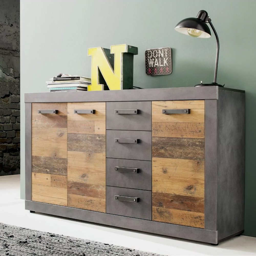 Saige Old Wood Sideboard with 3 Doors In Graphite and Grey