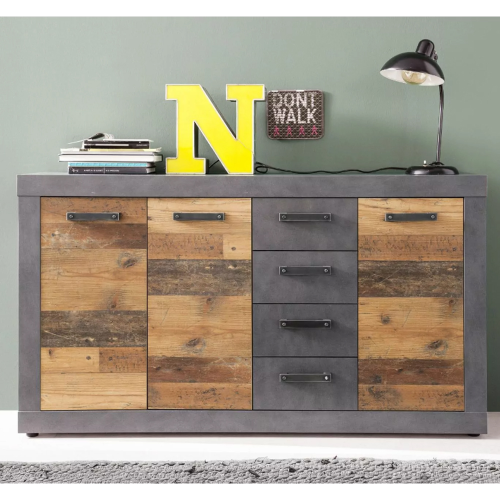 Saige Old Wood Sideboard with 3 Doors In Graphite and Grey