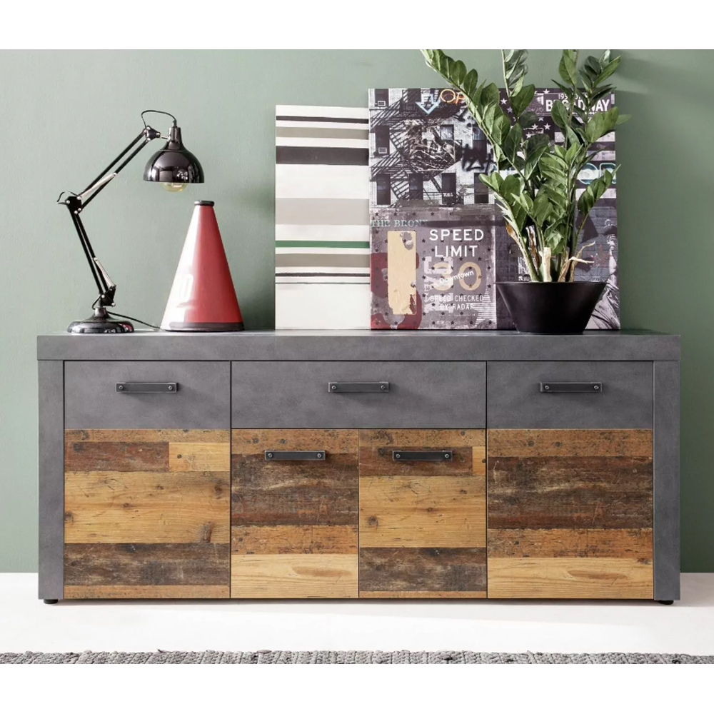 Saige Old Wood Sideboard with 4 Doors In Graphite and Grey