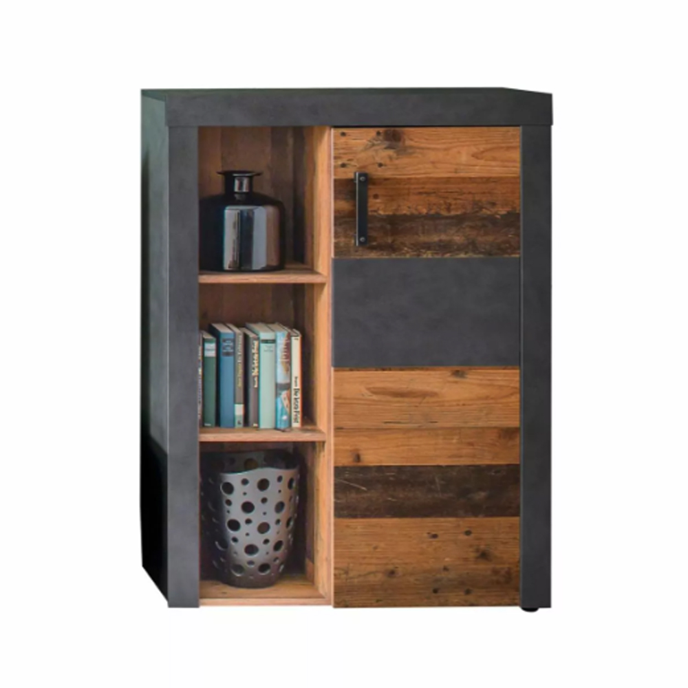 Saige Old Wood Storage Cabinet in Graphite and Grey With LED