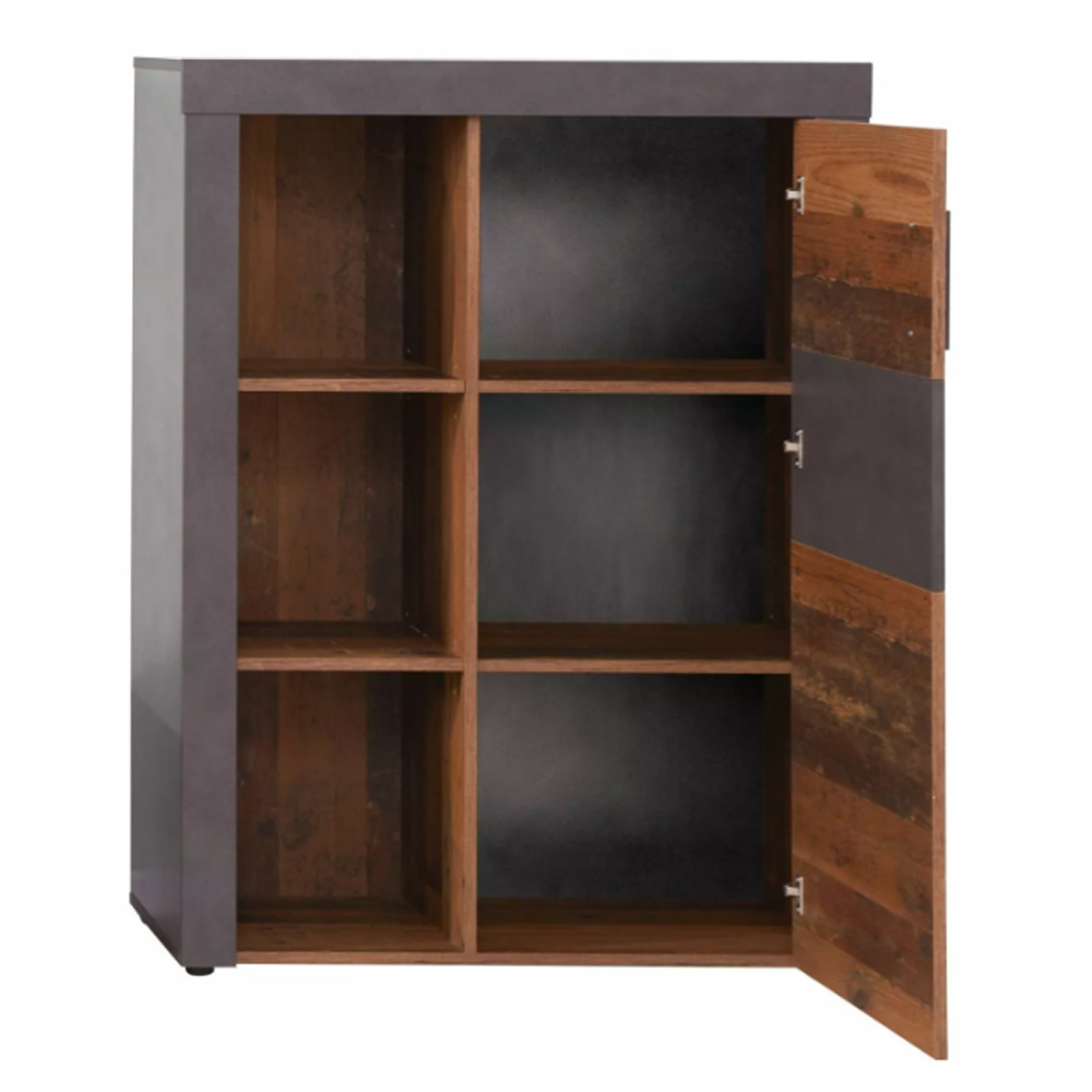 Saige Old Wood Storage Cabinet in Graphite and Grey With LED
