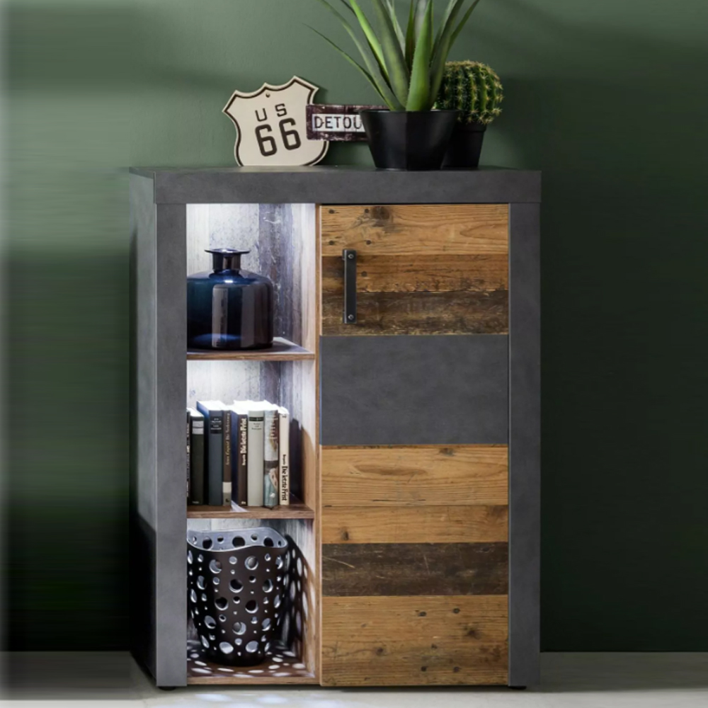 Saige Old Wood Storage Cabinet in Graphite and Grey With LED