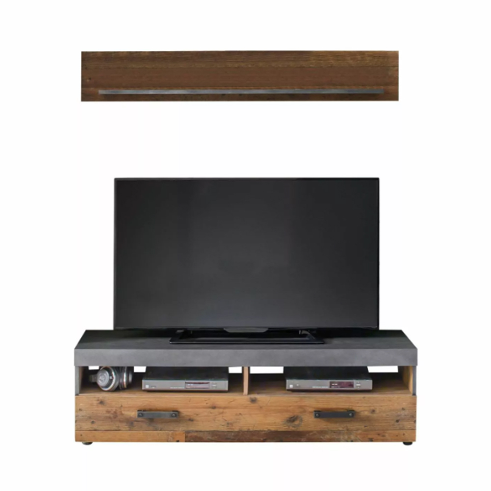 Saige Old Wood TV Stand with Wall Shelf in Graphite Grey and LED