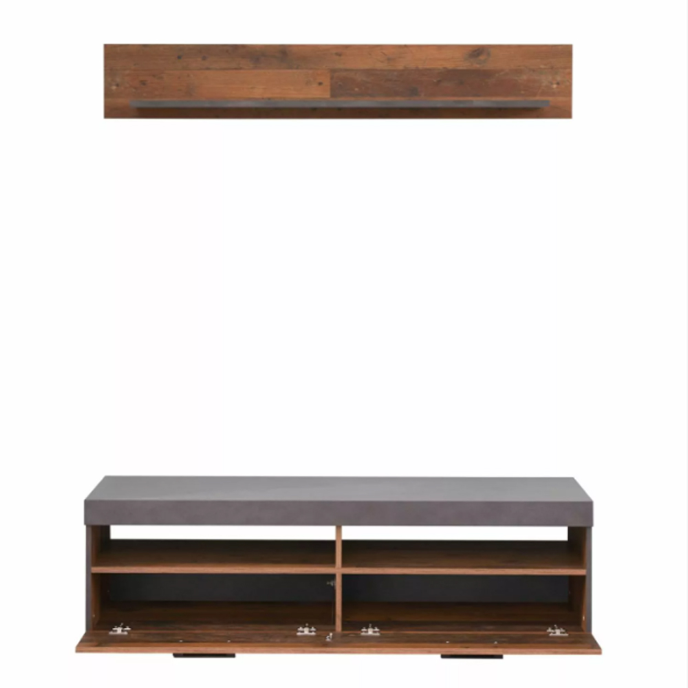 Saige Old Wood TV Stand with Wall Shelf in Graphite Grey and LED