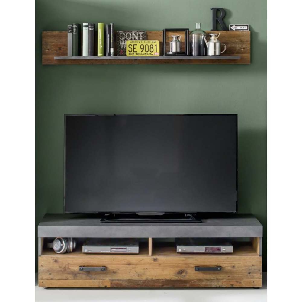 Saige Old Wood TV Stand with Wall Shelf in Graphite Grey and LED