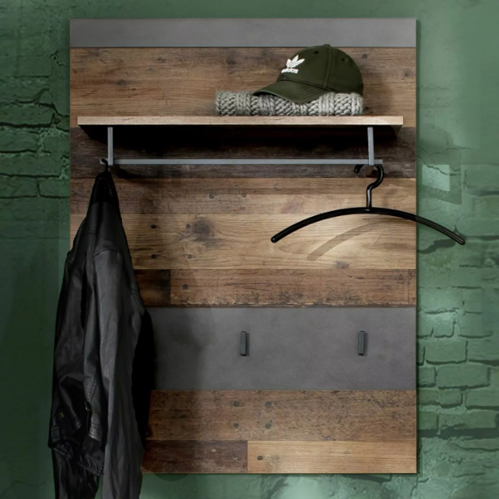 Saige Old Wood Wall Mounted Coat Rack In Graphite and Grey