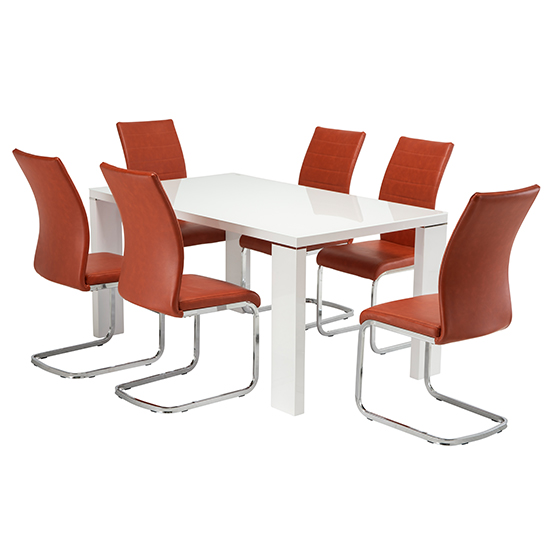 Sako Large Glass White Gloss Dining Table 6 Ellis Orange Chairs