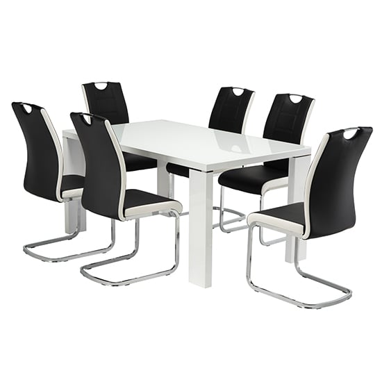 Sako Large Glass White Gloss Dining Table 6 Samson Black Chairs_1