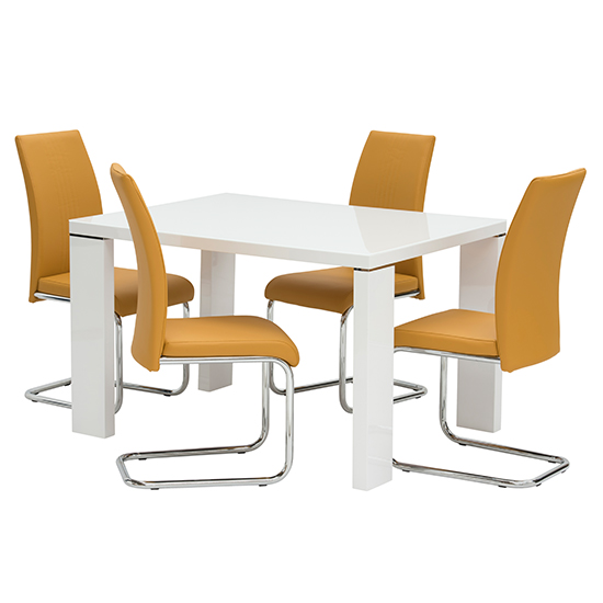 Photo of Sako small glass white dining table 4 montila mustard chairs