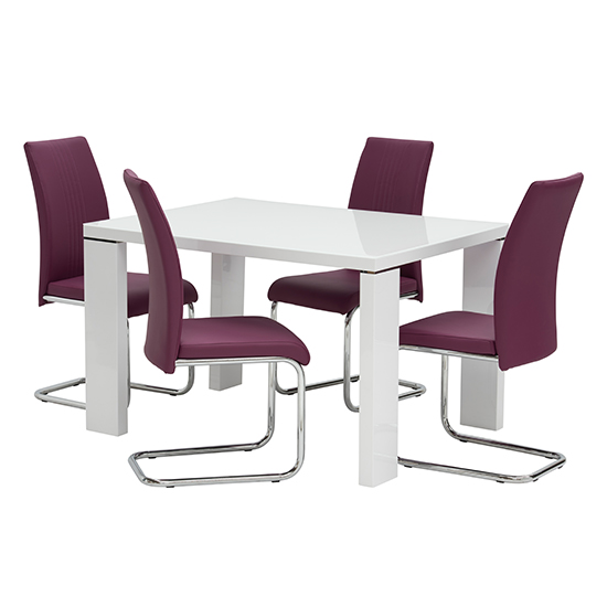 Photo of Sako small glass white dining table 4 montila purple chairs