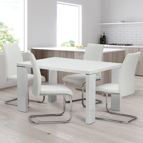 Photo of Sako small glass white dining table 4 montila white chairs