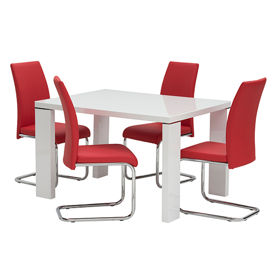 Photo of Sako small glass white gloss dining table 4 montila red chairs