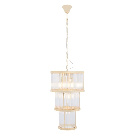 Photo of Salas small ribbed pattern 3 tier chandelier light in gold