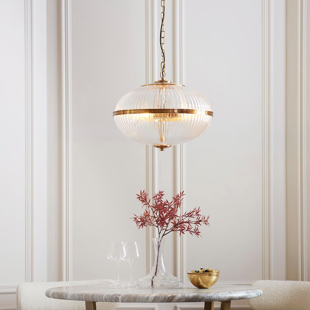 Salem 3 Light Ribbed Glass Pendant Ceiling Light In Vintage Brass