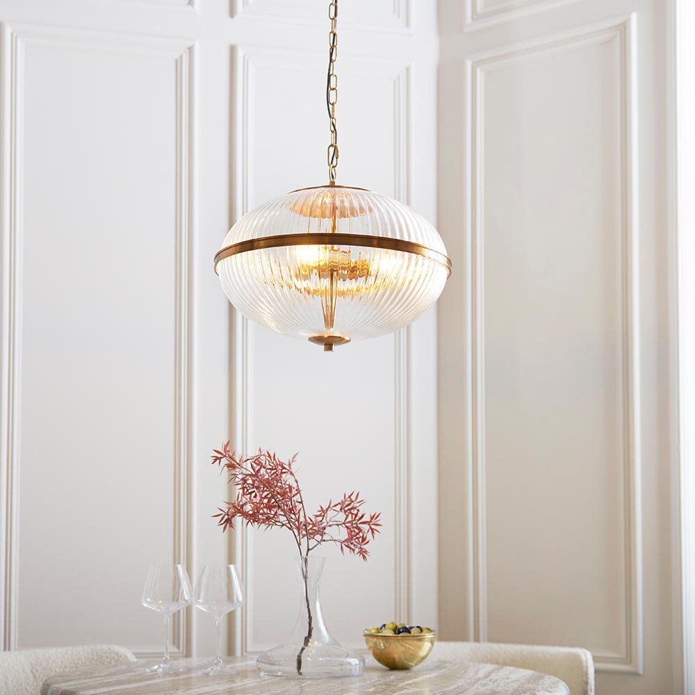 Salem 3 Light Ribbed Glass Pendant Ceiling Light In Vintage Brass