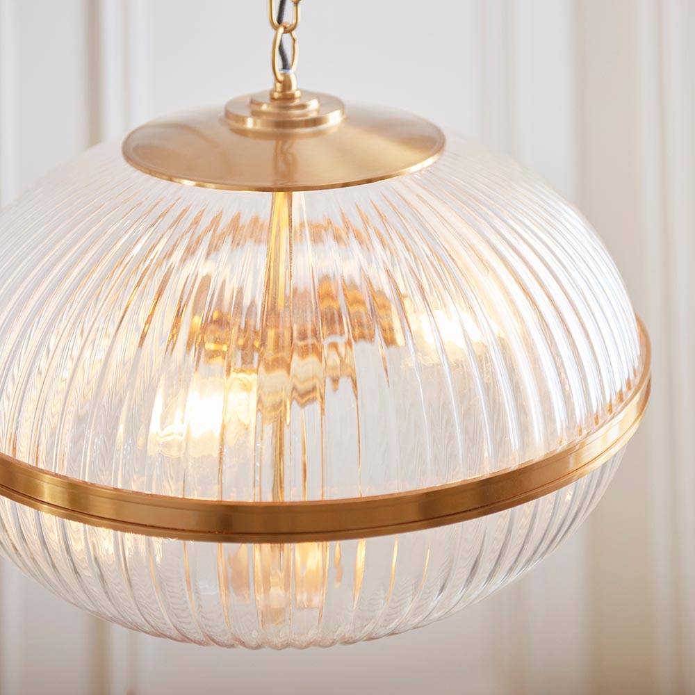 Salem 3 Light Ribbed Glass Pendant Ceiling Light In Vintage Brass
