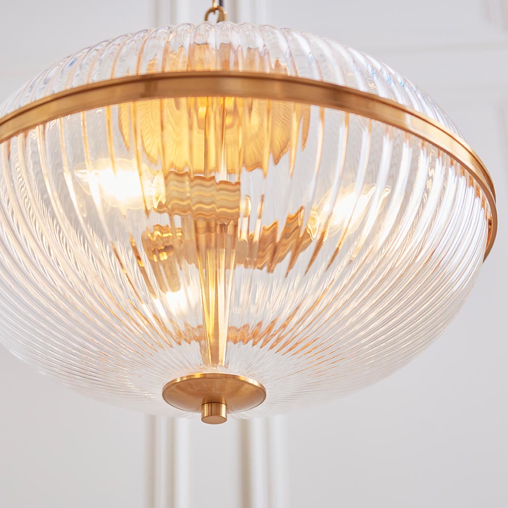 Salem 3 Light Ribbed Glass Pendant Ceiling Light In Vintage Brass