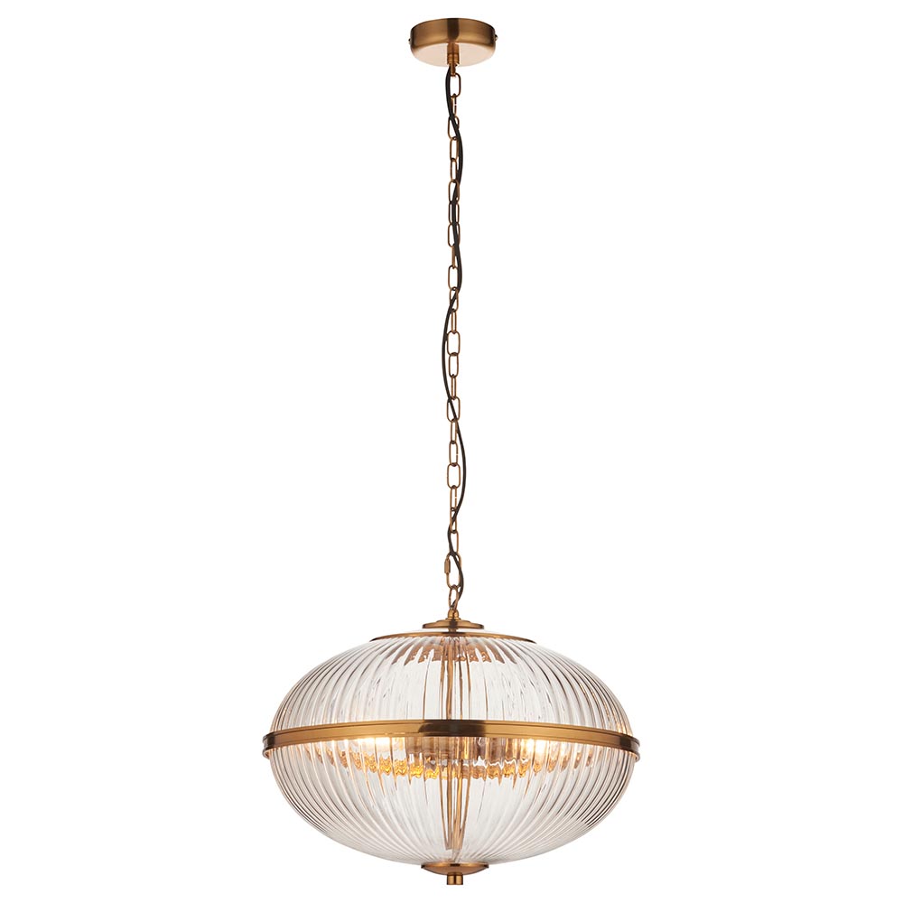 Salem 3 Light Ribbed Glass Pendant Ceiling Light In Vintage Brass