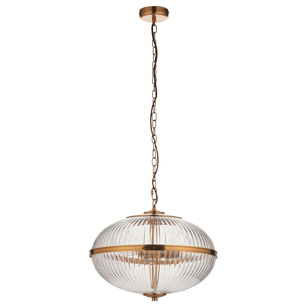 Salem 3 Light Ribbed Glass Pendant Ceiling Light In Vintage Brass
