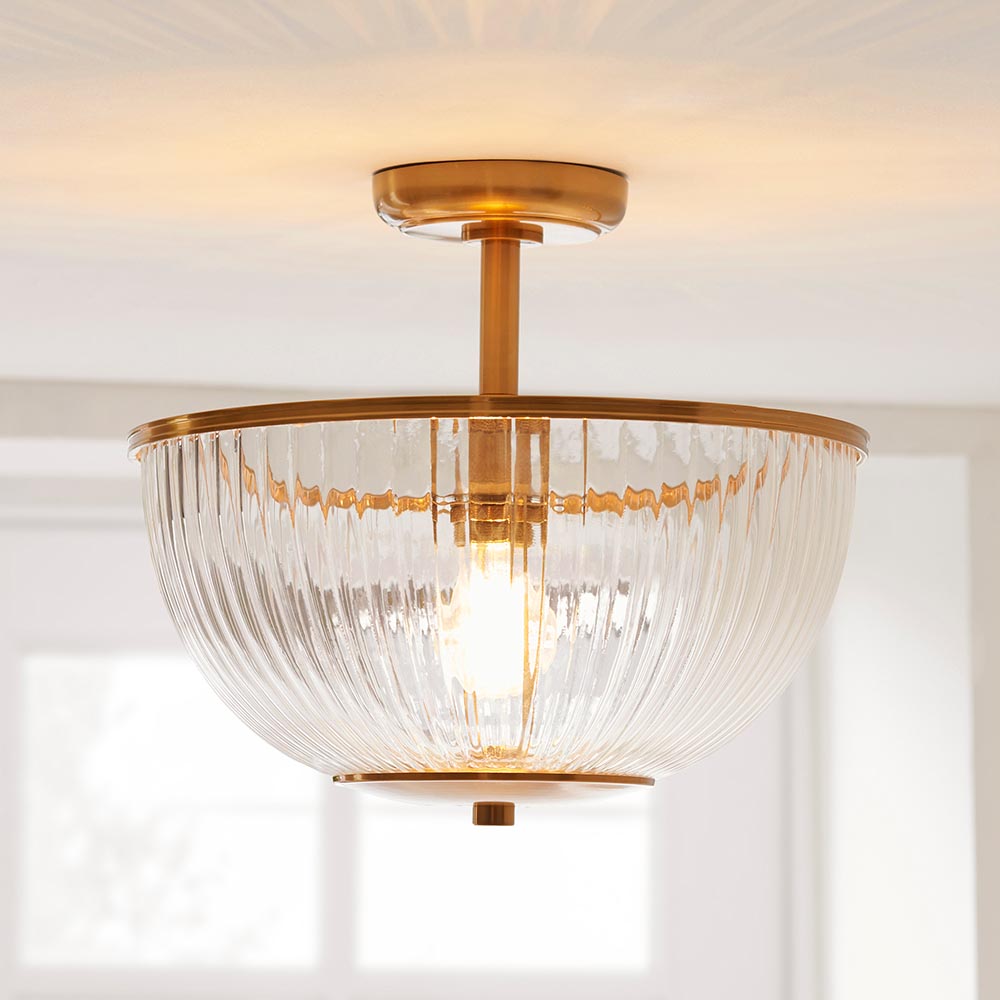 Salem Ribbed Glass Downlighter Flush Ceiling Light In Vintage Brass