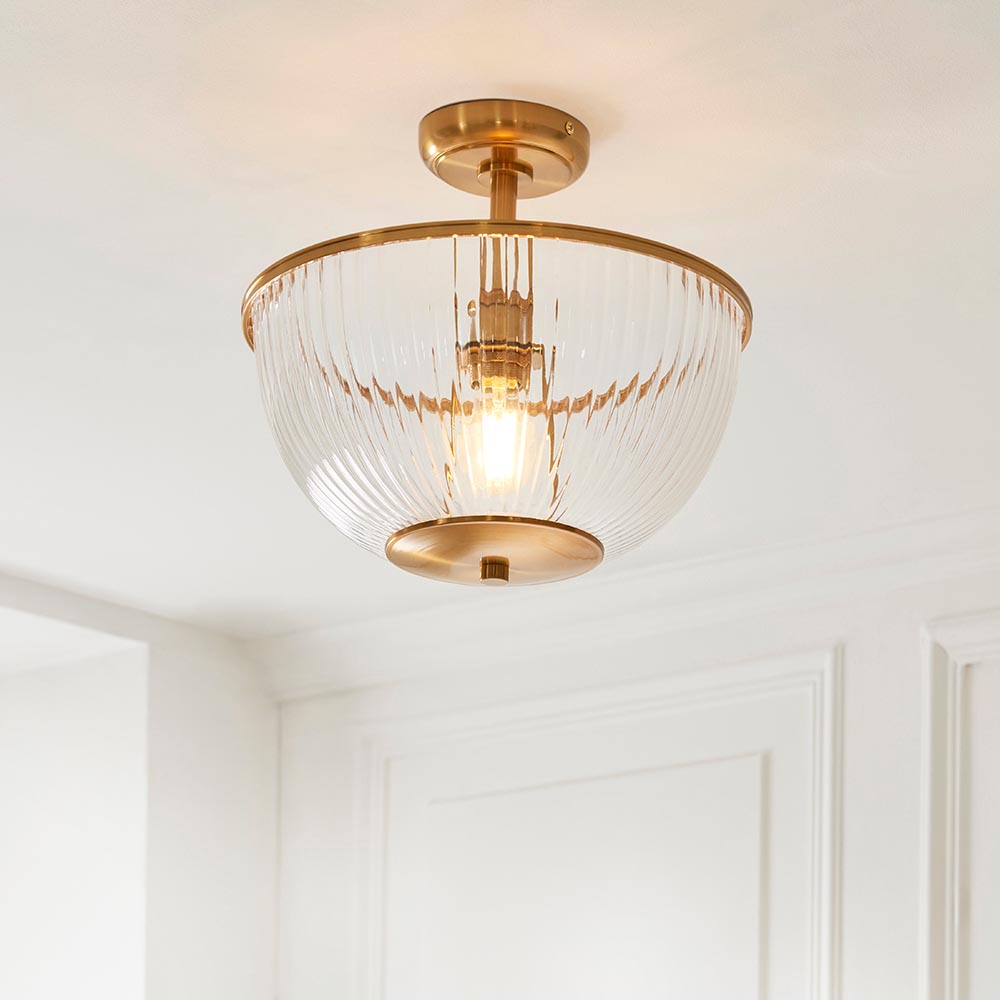 Salem Ribbed Glass Downlighter Flush Ceiling Light In Vintage Brass