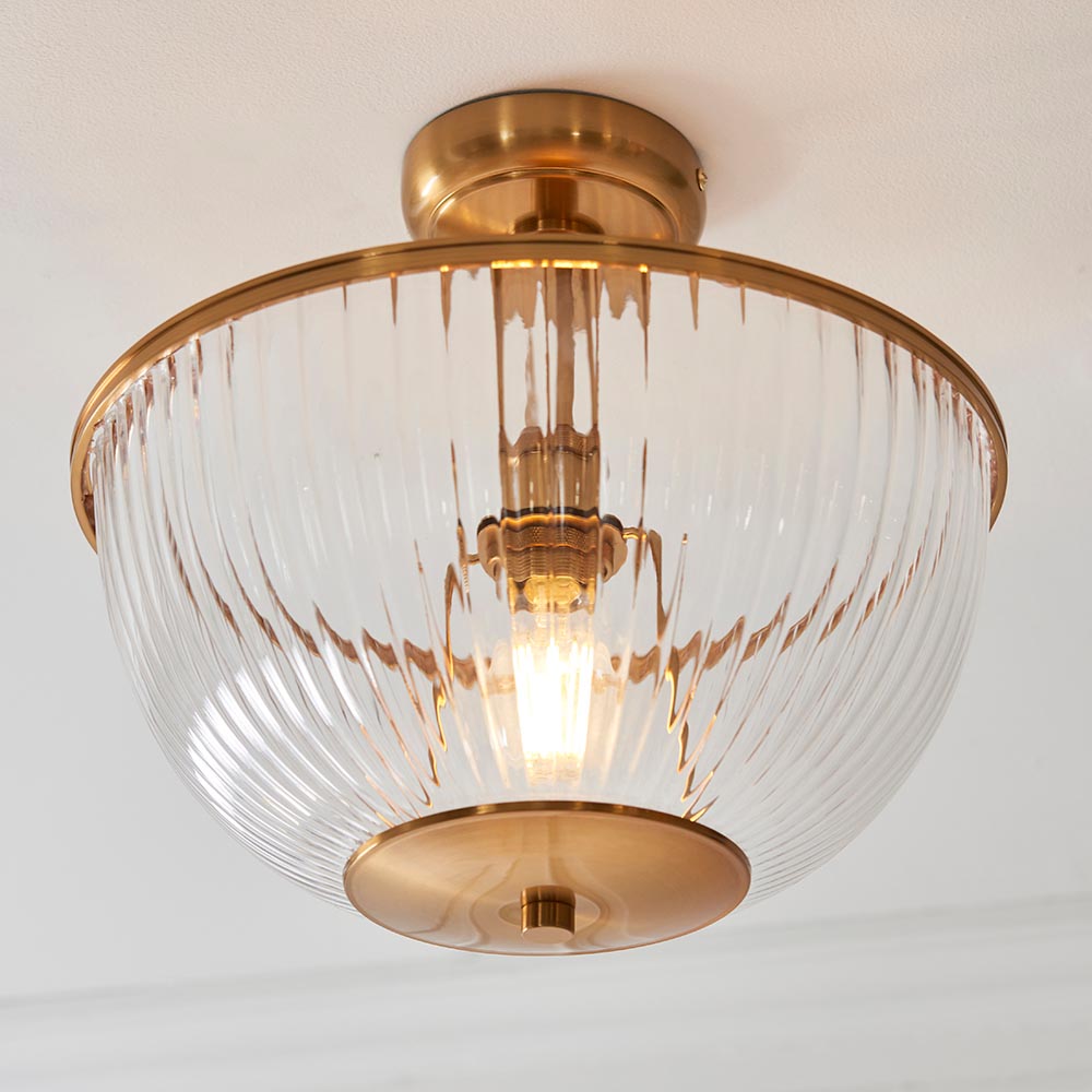 Salem Ribbed Glass Downlighter Flush Ceiling Light In Vintage Brass
