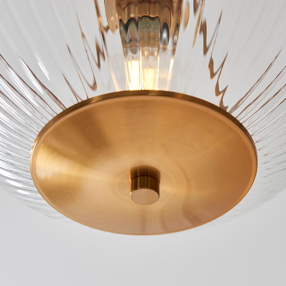 Salem Ribbed Glass Downlighter Flush Ceiling Light In Vintage Brass